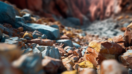 colorful rocks in the shape of a mountain captured through the lens of a lensbaby composer pro ii with edge 50 optic. the rocks feature a stunning combination of dark orange and light blue hues, with a hard surface modeling that adds to their realistic hyper-detail. the rocks are inspired by the paleocore style and are saturated with pigments that make them stand out. aiの素材