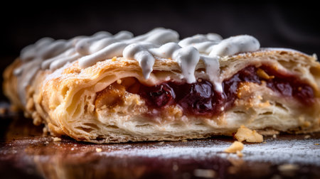 this stunning photograph showcases a delectable peaches and cream pastry resting on a bed of ice. the dark red hues of the dessert contrast beautifully with the white ice, creating a visually striking image. shot on 70mm with traditional craftsmanship, the image boasts an impressive 8k resolution, allowing for every detail to be captured with stunning clarity. the dark azure and white tones in theの素材