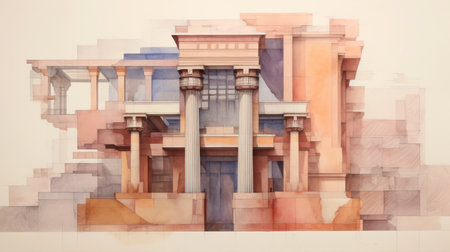 this watercolor drawing showcases a stunning building that reimagines classical forms with a mesopotamian twist. the realistic hyper-detailed rendering and precisionist lines bring out the expansive geometry of the monumental architecture. the dark orange and light magenta hues add a touch of vibrancy to the overall composition. this piece of art is a perfect example of how traditional forms can be reinterpreted to create somethingの素材