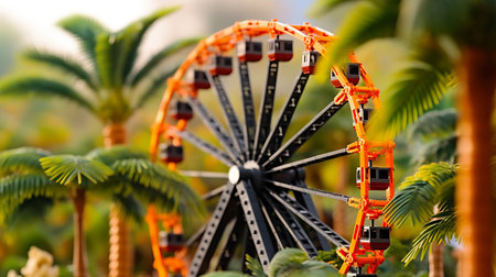 model and plastic ferris wheel captured in a vibrant and lively photograph, set against a tropical tree and coastal scenery. the dark orange and black color scheme, shot with a macro lens, highlights the sharp attention to detail in the modular construction of the ferris wheel. this stunning image, found on flickr, is a perfect representation of the beauty and intricacy found in everyday objects.の素材