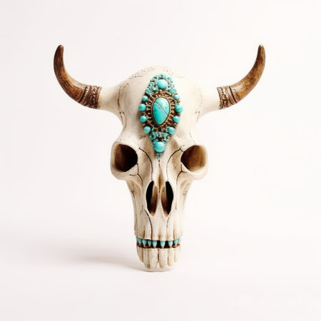 this stunning photograph showcases the intricate and detailed work of adrian mcculloch, jp. the turquoise stone and crystal skulls are beautifully crafted in the style of wildlife art, with a satirical twist. the ivory, realistic sculptures are set against a clean white background, allowing the cowboy imagery and necronomicon illustrations to truly pop. this uhd image captures every detail of the artwork, from the intricateの素材