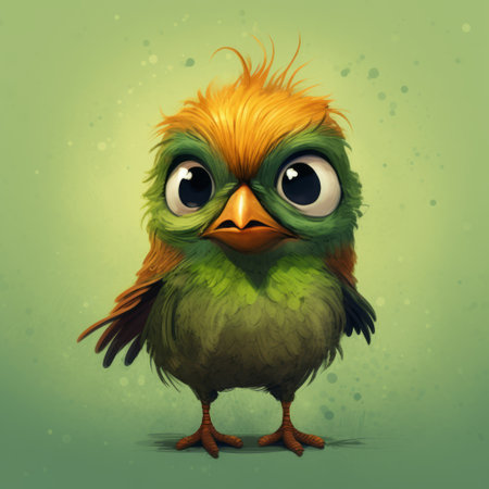 the tiny green bird with big, brown eyes is a cute and colorful illustration created in the style of aggressive digital illustration. the artist used varied brushwork techniques and the software zbrush to create this caricature-like illustration. the group f64 inspired the artist to create this unique and eye-catching piece. this illustration is perfect for those who love colorful and playful artwork. ai generatedの素材