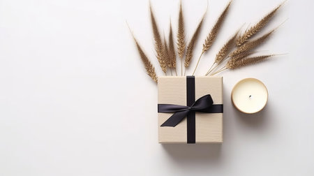 the gift box and styrofoam container showcase a beautiful candle and corn on a light background. the minimalist black and white style with a touch of light brown and dark beige creates a symmetrical arrangement with japanese influence. the attention to detail in the fur and feather textures adds depth to the overall aesthetic. the minimalist background makes this photo perfect for websites and otherの素材