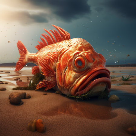 the red fish in this image is a stunning example of surreal 3d landscapes. the use of zbrush and softbox lighting techniques has created a photo-realistic effect that is truly breathtaking. the punctuated caricature of the fish adds an explosive wildlife element to the image, while the atmospheric seascapes and rocks in the background provide a stunning backdrop. this image is a true masterpiece ofの素材