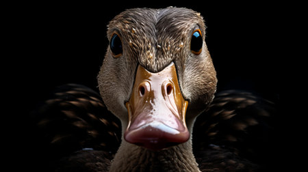 the duck's head is captured in a stunning portrait-style photograph by oleksandr bogomazov, reminiscent of national geographic's detailed portraits. the image showcases the bird's strong facial expression, with creased, crinkled, and wrinkled features that contrast with the smooth and shiny areas. the distinctive nose of the duck is also highlighted, while a bird in the background stares intently. this photograph is a beautiful example ofの素材
