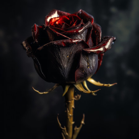 this black rose stock image features an ivoryrose with a dark and decadent decay, in the style of dark red and dark gold. rendered in unreal engine and vray tracing, this uhd image showcases a tenebrism-inspired aesthetic with selective focus. perfect for adding a touch of darkness and elegance to any project, this darkblackroses stock free image is sure to make a statement. ai generatedの素材