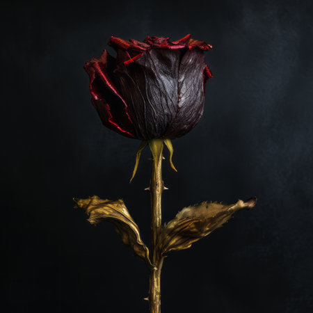 the dead bud on a black backdrop is a striking image that exudes a dark and unsettling mood. the photography installations are reminiscent of renaissance-style paintings, with a lurid color palette of dark bronze and crimson. this image would be perfect for use in iconic album covers or to set the tone for romantic scenes with an eerie, realistic edge. the keywords related to thisの素材