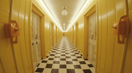 the hallway is a stunning display of black and yellow checkered tiles, reminiscent of dystopian fantasies. the white doors add a stark contrast to the light yellow and brown tones of the floor. the 32k uhd resolution captures every detail of the nostalgic charm of the hallway. the light yellow and light red hues evoke romantic and nostalgic themes, while the viennese secession style addsの素材