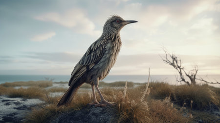 the bird in this image is captured in stunning detail, standing on a rocky area near the sea. the realistic hyperrealism style of the photograph brings out the intricate character design of the bird, making it seem almost lifelike. the shallow depth of field adds to the overall effect, drawing the viewer's attention to the bird and its surroundings. the australian landscape in the backgroundの素材