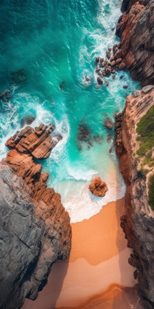 the aerial view showcases the stunning australian coastline and ocean in a captivating visual storytelling style, using light orange and turquoise hues. firecore's nature-inspired compositions capture the essence of the natural world, making this image a perfect representation of the transavanguardia art movement. with its breathtaking scenery and vibrant colors, this photo is sure to leave a lasting impression on viewers. ai generatedの素材