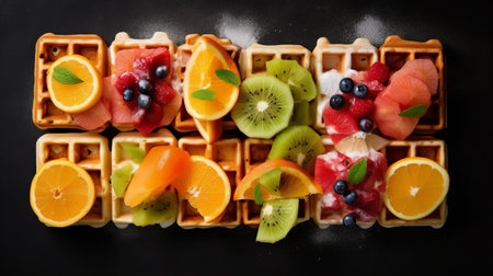 waffles with fruit make for a delicious and visually stunning breakfast. this photo captures the dish in bold colors and strong lines, set against a striking black background. the light orange and light green hues of the fruit pop against the darkness, creating a carnival-like atmosphere. the birds-eye-view perspective adds an interesting dimension to the composition. this image is reminiscent of the style of aleksandrの素材