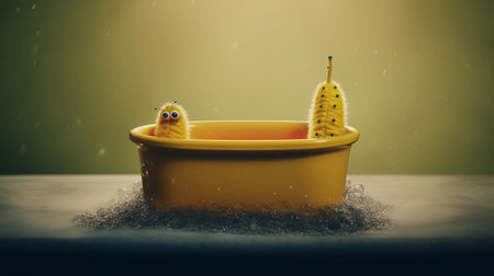 the bucket sits in a rain-soaked, cloud-covered area, rendered in the style of cinema4d. the scene is populated by chilling creatures made of cheese, creating a surreal and dreamlike atmosphere. this national geographic photo captures the essence of snailcore, with a soggy and yellow color palette. the bucket serves as a focal point, drawing the viewer's eye to the strange and otherworldly surroundings. ai generatedの素材