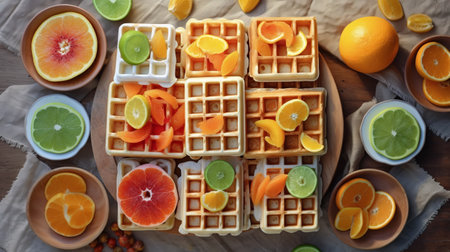 waffles are a classic breakfast staple, and this photo captures them perfectly. the waffles are arranged in a grid-like structure on a wooden table, surrounded by various kinds of fruit and citrus juices. the light beige and orange colors of the waffles complement the rusticcore style of the photo, which was taken with an olympus om-1 camera. the installation-based composition adds an artistic touch toの素材