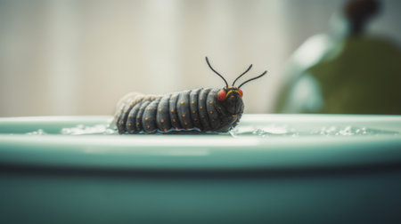 the caterpillar in this photo is captured in stunning detail, standing in water on a table. the dark gray and red color scheme adds a touch of familiarity to the domestic scene. the ceramic material of the table provides a unique texture to the image. the wide-angle lens captures the animal's intensity, making it seem larger than life. the rtx on and lensbaby optics enhanceの素材