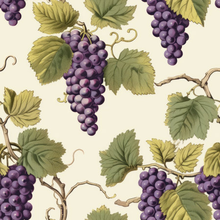 this stunning fabric by victoriadiamond on spoonflower features luscious grapes on the vine, inspired by the american prints of 1880-1950. the luxurious wall hangings are reminiscent of the works of jonathan wolstenholme and lowell herrero, with organic contours that bring the design to life. the rich purple and beige hues create a warm and inviting atmosphere, perfect for adding a touch of elegance to anyの素材