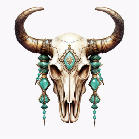 this photo features a stunning hippie design bull skull adorned with turquoise beads. the editorial illustration style adds a touch of realistic fantasy artwork to the piece, while the dark white and gold color scheme gives it a gothic feel. the use of gemstones and eye-catching turquoise make this piece truly unique. with references to the work of artist simone bianchi, this photo is sureの素材