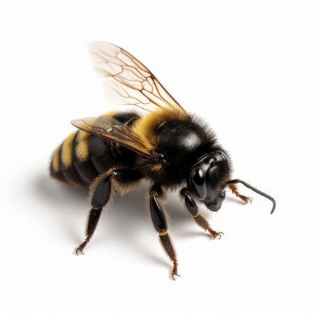 the bee in this photograph is captured in stunning detail, with a black face and explosive pigmentation in dark yellow and light indigo. the glossy finish of the image highlights the intricate details of the bee's body and wings. this photograph was taken using innovating techniques and has a high resolution of 20 megapixels. the use of tilt-shift photography adds a unique perspective to theの素材