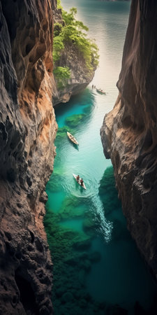 the similuan lake in thailand is a breathtaking sight to behold, especially on a cloudy day. this national geographic photo captures the surrealistic dream-like imagery of the lake perfectly. the dark turquoise and light brown colors of the lake blend seamlessly, creating an organic formation that is truly mesmerizing. the hyper-realistic water adds to the passage-like feel of the photo, making it seem like aの素材