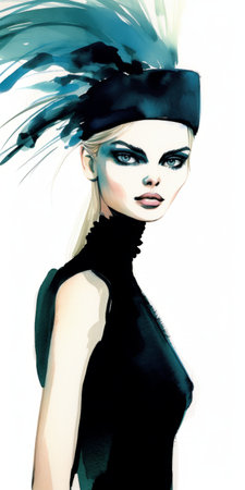 the fashion illustration depicts a girl with a blue feathered head in a black and white sketch. the use of colorful watercolors adds a touch of vibrancy to the dark and brooding designer style. the sleek lines of the sketch are reminiscent of oil portraitures, making it a contest winner. the color scheme of dark black and beige adds to the overall elegance of theの素材