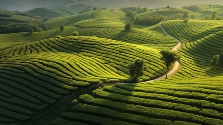 green tea plantation captured from the sky and ground in the style of mike campau. the image showcases the vibrant stage backdrops of the plantation with smooth and curved lines. the atmospheric light adds to the beauty of the plantation, making it a perfect spot for nature lovers. the image is captured using carl zeiss distagon t 15mm f28 ze lens, which enhances the clarityの素材