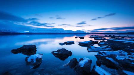 a stunning photograph captured by nikon d850, showcasing the serene beauty of blue water and mountains reflecting in the night sky. the image is inspired by the style of even mehl amundsen and features soft, dreamy landscapes with atmospheric light and shadow. the use of kodak colorplus enhances the coastal landscapes, and the light white and sky-blue hues add to the overall charm of theの素材