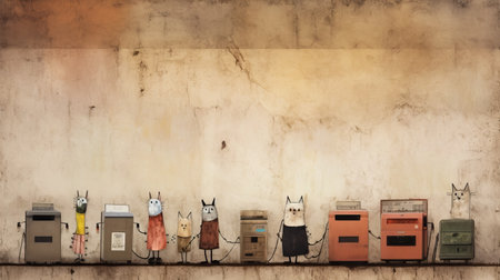 men standing in front of a mailbox, portrayed in an abstract cat-like style. the rustic materiality of the wire sculpture adds a unique touch to the atmospheric painting. the use of robotics kids and the rollei prego 90 camera creates a cute and dreamy effect. this art piece is a perfect blend of creativity and innovation, making it a must-see for art enthusiasts. ai generatedの素材