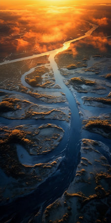 river and wetlands are captured in this stunning aerial view photograph. the backlit style of photography highlights the fluid formation of the river and the surrounding wetlands. the use of cryengine and pentax 645n camera has resulted in a photo-realistic landscape with a beautiful blend of light orange and dark blue hues. the post-apocalyptic landscapes add a unique touch to the overall composition of theの素材