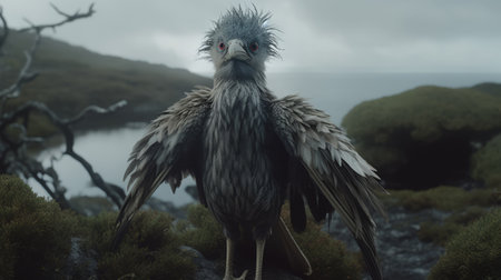 the bird in this image is captured standing near a body of water, with its long pointed wings on display. the style of the image is rendered in cinema4d and maya, showcasing emotionally charged portraits of fantastic creatures in moody and atmospheric scottish landscapes. the spiky mounds in the background add an extra layer of texture to the image, making it a visually stunning pieceの素材