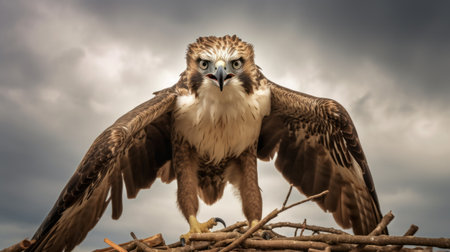 the majestic hawk perches atop a tree, its piercing gaze fixed on something below, against a backdrop of a gloomy grey sky. this vibrant and high-energy image captures the hawk's strong facial expression and dynamic balance, in the style of breakdance photography. the dark beige and white tones of the manticore's layered fibers add depth and texture to the composition, making it a striking visualの素材