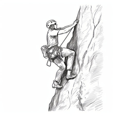 the man rock climbing sketch vector illustration is a hyper-detailed black line drawing that showcases the realistic scenery of a climber scaling a rocky mountain. the illustration is created in the style of william dyce and features intricate details that bring the scene to life. the use of ferrania p30 film by jeannette guichard-bunel adds a unique touch to the illustration, making it stand outの素材