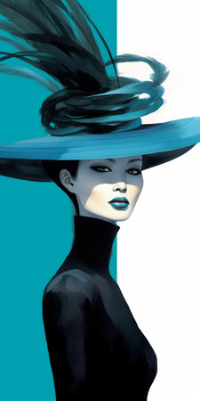 this art print showcases a woman donning a black outfit and a blue floppy hat, with a strong facial expression. the style of the print is a blend of dark turquoise and light emerald, digitally enhanced to create a streamline elegance. the fashion-illustration is inspired by traditional chinese art, giving it a unique touch. this 21st-century artwork is a perfect addition to any modern homeの素材