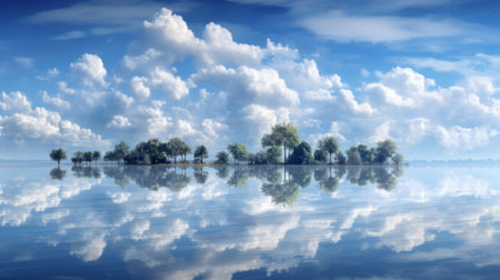 the surreal 3d landscape of a lake with clouds reflected by the water is a stunning example of photo-realistic landscapes. the ethereal trees and tropical landscapes add to the beauty of this dutch seascape. this image is not only visually appealing but also promotes environmental awareness. it is available under the creative commons attribution license, making it a great choice for those looking for high-qualityの素材