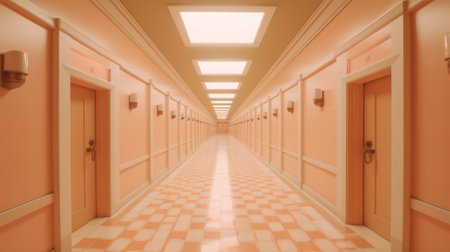 the corridor hallway in this photo stock is a stunning example of wes anderson-inspired design. the light pink and light orange color scheme creates an eerily realistic atmosphere that is both calming and intriguing. the art deco-inspired details add a touch of sophistication to the minimalist background, making it a perfect fit for any modern space. jeff danziger's use of unreal engine 5 technology bringsの素材