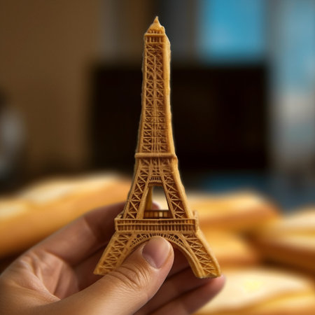 this 3d printed eiffel tower is a unique and creative depiction of the iconic parisian landmark. the tower is designed in the style of cheese, adding a playful twist to the classic structure. the soft focus and handheld nature of the matte photo give the image a romantic and dreamy quality. the level of detail in the 3d printing is impressive, capturing the intricate designの素材