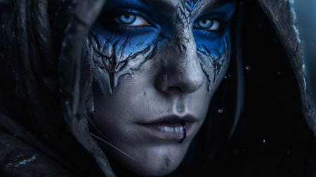 the woman in this image is sporting a striking blue makeup look, reminiscent of the frostpunk style. the intricate detailing of her makeup is captured beautifully by the canon eos 5d mark iv camera, while the zeiss batis 18mm f28 lens adds a touch of superhero-like drama to the shot. the trace monotone effect further enhances the image's visual appeal, while the nature-inspired camouflage inの素材