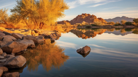 the orange river in utah, california is captured in this stunning photograph, showcasing a beautiful landscape full of rocks and trees. the luminous reflections and golden hues add a touch of tranquility and serenity to the scene. the use of carl zeiss distagon t 15mm f28 ze lens has resulted in a stunning display of saturated pigment pools. the image is reminiscent of dutch landscapesの素材