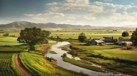 this stunning stock photo captures the essence of a peaceful countryside landscape in summer. the image features a farm and village at sunrise, with the warm glow of the sun casting a beautiful silver and green hue over the scene. the photo is reminiscent of the style of fan ho and has a hyper-realistic water effect that adds to the romantic riverscape feel. the imageの素材