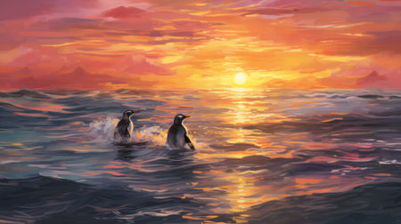 penguins gracefully glide through the ocean in this stunning digital painting by alex alemany. the richly colored skies and brushstroke fields create a romantic illustration that is truly breathtaking. the golden light adds a touch of warmth to the scene, making it feel even more inviting. this outrun-style artwork captures the beauty and elegance of these beloved creatures, making it a must-have for any natureの素材