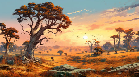 the australian outback is a sight to behold, especially during sunset. this hyper-realistic image captures the beauty of the landscape with trees in stunning detail. the uhd resolution of 3840x2160 makes it perfect for decorative paintings and pastoral scenes. the colorful cartoon-like style adds a touch of whimsy to the scene, while the light amber and sky-blue hues create a warm and inviting atmosphere. whetherの素材