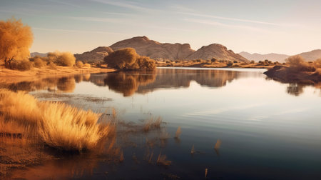 this stunning uhd image captures the breathtaking beauty of lake arizona at both sunrise and sunset. the panorama showcases the idyllic rural scenes of the area, with a charming and calming composition that highlights the sensitivity to the natural world. the style of the image is reminiscent of the realistic landscapes with soft, tonal colors of samuel van hoogstraten, making it a truly captivating pieceの素材