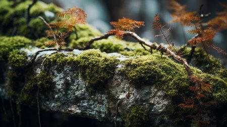 moss on a rock under a waterfall is a stunning high-resolution stock photo captured by filip hodas. the photo features a naturalist aesthetic with a dark teal and orange color scheme, creating a captivating contrast. the bokeh panorama adds depth to the image, while the focus on joints and connections highlights the intricate details of the moss. the dark beige and green tones add toの素材