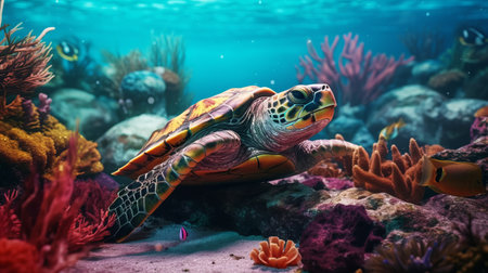 sea turtle swimming in the ocean near coral reef, depicted in a hyper-realistic sci-fi style with a vibrant color palette of orange and magenta. the life-like avian illustrations are rendered in cinema4d, giving the artwork a 3d effect. the junglepunk muralist has incorporated vintage imagery into the design, creating a unique and captivating piece of art. this stunning artwork, ar 9151, captures the beauty andの素材
