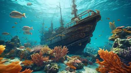 the old sailing ship in this photo is a stunning example of historical reproductions, captured with eerily realistic photo-realistic techniques. the ship is depicted in the style of unreal engine, set against a shallow sea with coral reefs and fish swimming around it. the junglepunk and yankeecore influences are evident in the intricate details of the ship's design, making it a true work of art.の素材