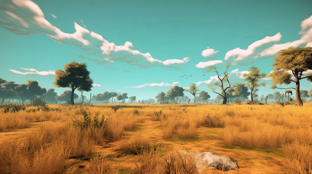 the zorn elven colony screenshot 3 showcases a stunning minimalist landscape in turquoise and gold hues. the sharp and prickly terrain resembles the australian landscapes, while the dramatic skies add to the hyperrealistic feel of the image. the explosive wildlife and fauna in the foreground create a sense of depth and movement, making this screenshot a captivating visual experience. ai generatedの素材