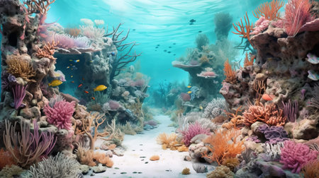 this stunning underwater scene showcases vibrant reefs in a photorealistic style. the colors of light red and cyan create a captivating and cartoonish effect, reminiscent of xbox 360 graphics. rendered in 32k uhd using kimoicore technology, this national geographic photo is a true masterpiece. the intricate details of the reefs are brought to life, making you feel as though you are diving deep into theの素材