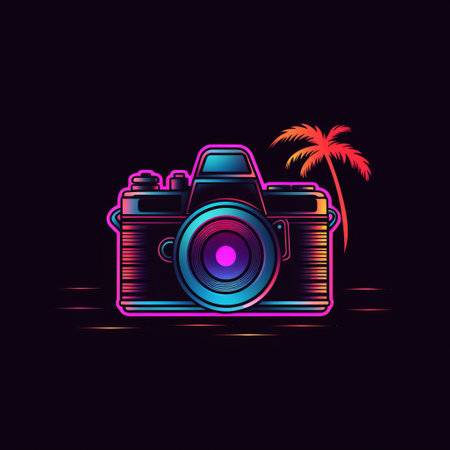 analog camera lovers, this illustration is for you! a canon eos 5d mark iv camera is depicted in the midst of a tropical paradise, surrounded by palm trees. the neon art nouveau style adds a touch of modernity to the minimalist black background. the colorful drawings of the camera and the fujifilm eterna 250d type 8563 film create a vibrant contrast against the dark background.の素材
