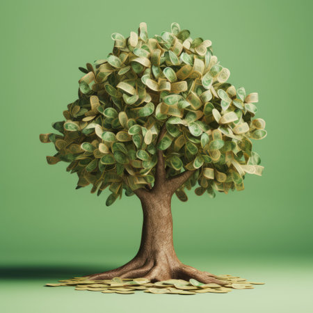 the rolled green financial bills are creatively crafted to form a stunning tree in the middle of the image. the dark green and light brown colors used in the design give it a unique and eye-catching appeal. the image is created using zbrush, which showcases the innovating techniques used in its creation. the use of agfa apx adds a vintage touch to the image, reminiscentの素材