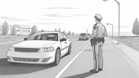 police officers and car drivers abide by traffic laws in this pencil art illustration. the white and gray tones create a quiet introspection, reminiscent of a storybook illustration. the comic art style adds a touch of playfulness to the serious subject matter. the horizons in the background add depth to the scene. with rtx on, the details of the illustration are enhanced, making it evenの素材