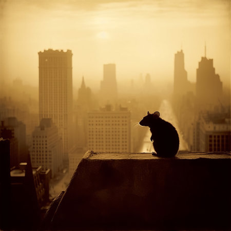 a rat perches on a ledge in this dreamy and romanticized cityscape photograph captured by adam reitz on 500px. the golden light and mist create a whimsical atmosphere, while the use of ektachrome film adds to the art deco sensibilities of the image. this photo is a part of reitz's nyc explosion coverage and features a unique perspective on the city's urban wildlife, including theの素材