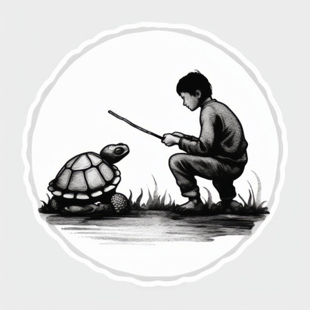 this black and white tondo portrait depicts a young boy holding up a turtle to fish, created in the style of dreamlike realism. the use of traditional japanese artistic techniques is evident in the realistic yet stylized portrayal of the figures. the realistic animal portraits are a testament to the artist's skill, while the rounded, land art-inspired composition adds a touch of whimsy to theの素材